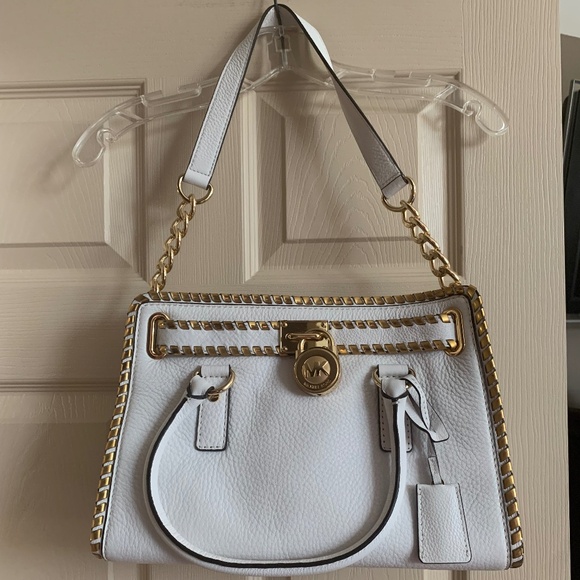 Michael Kors White/Gold Leather Satchel/Shoulder Handbag - Picture 1 of 12
